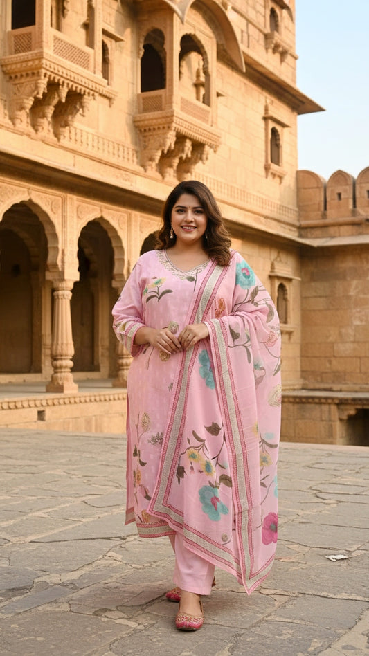 Blush Pink Floral Printed Kurta Set with Dupatta – Elegant Ethnic Wear for Women