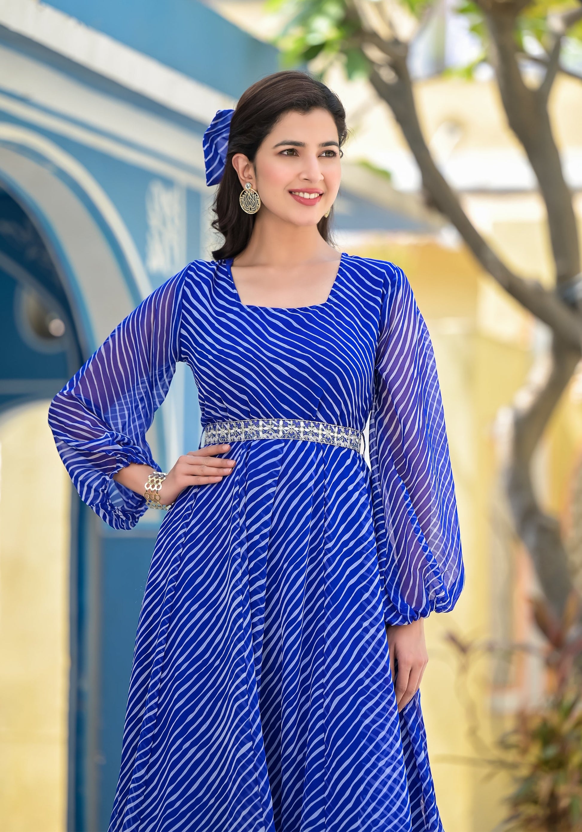 Blue Leheriya anarkali gown | | Shop stylish women's clothing online at Label Flavia |