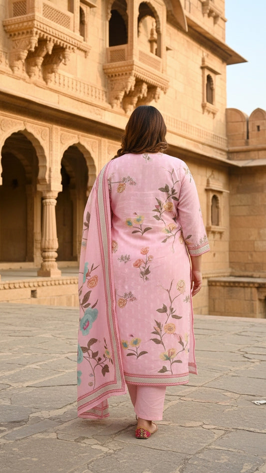 Blush Pink Floral Printed Kurta Set with Dupatta – Elegant Ethnic Wear for Women