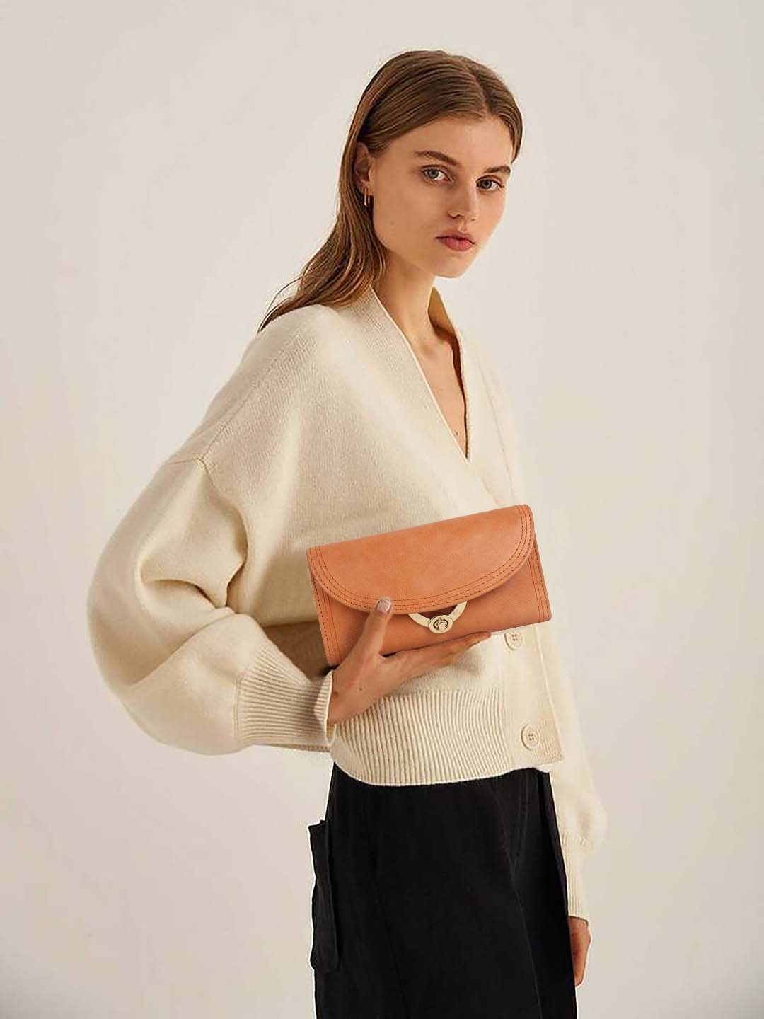 RI2K LONDON Genuine Leather Tan Flap Purse With Twist Lock