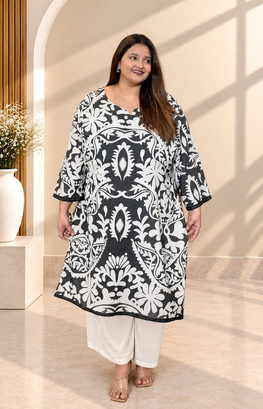 Royal Noir Floral Printed Kurta