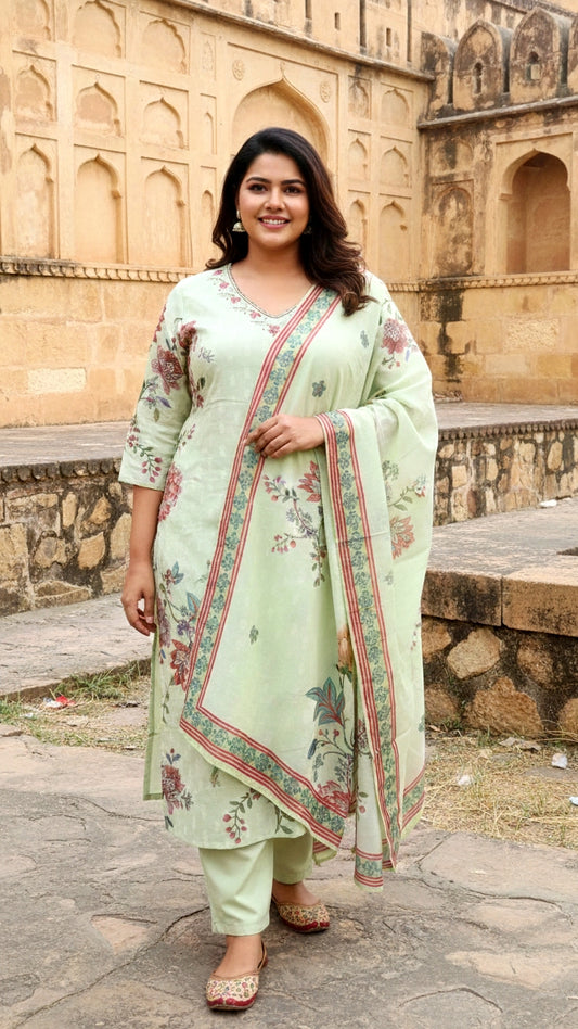 Women’s Pastel Green Floral Printed Kurta Pant Set with Dupatta | Elegant Ethnic Festive Suit Set
