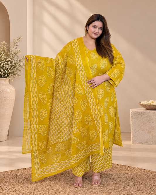 Mustard Leaf Print Kurta Set