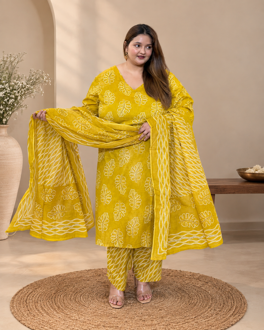 Mustard Leaf Print Kurta Set