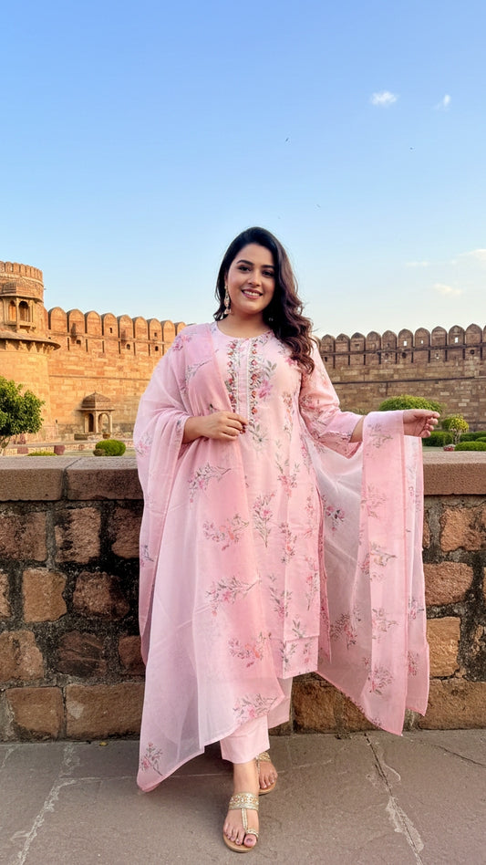 Women’s Soft Pink Floral Printed Kurta Pant Set with Dupatta | Elegant Festive Ethnic Suit Set