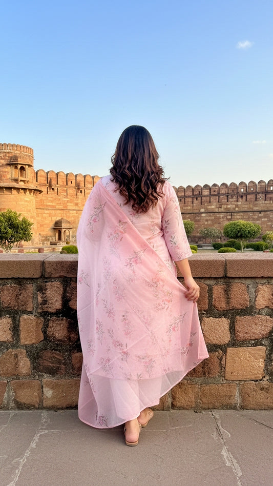 Women’s Soft Pink Floral Printed Kurta Pant Set with Dupatta | Elegant Festive Ethnic Suit Set