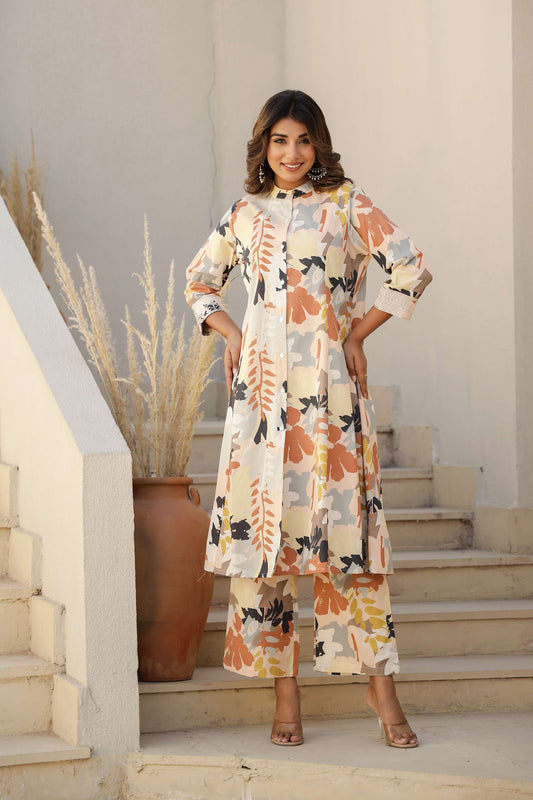 Abstract Printed Kurta Set in Beige & Peach Tones