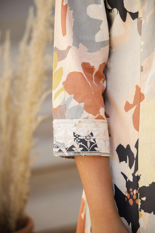 Abstract Printed Kurta Set in Beige & Peach Tones