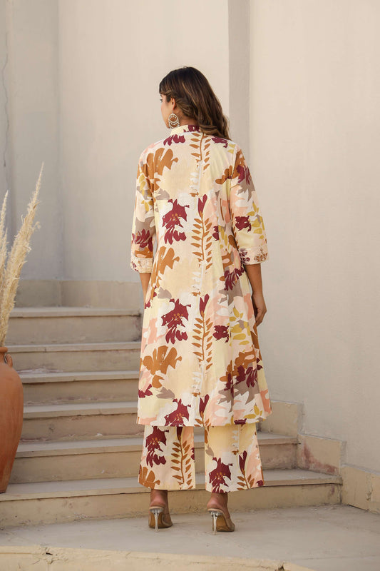 Abstract Printed Kurta Set in Yellow & Maroon Tones