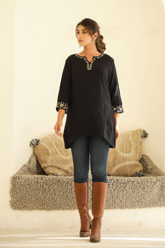 Black Cotton Top with Elegant Embroidery on Neck & Sleeves