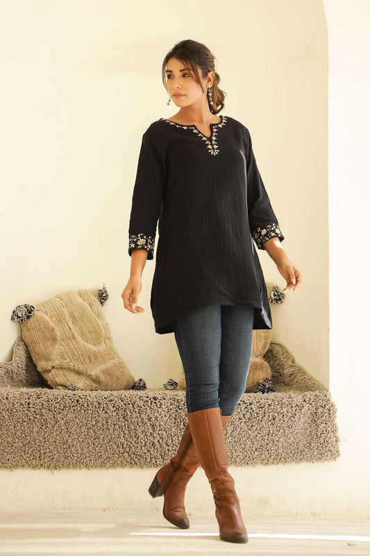 Black Cotton Top with Elegant Embroidery on Neck & Sleeves