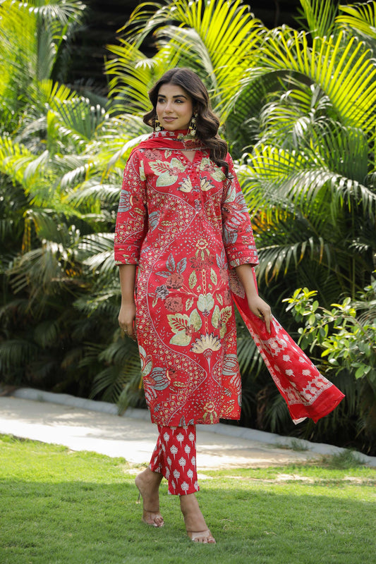 Vibrant Red Floral Printed Cotton Suit Set with Dupatta
