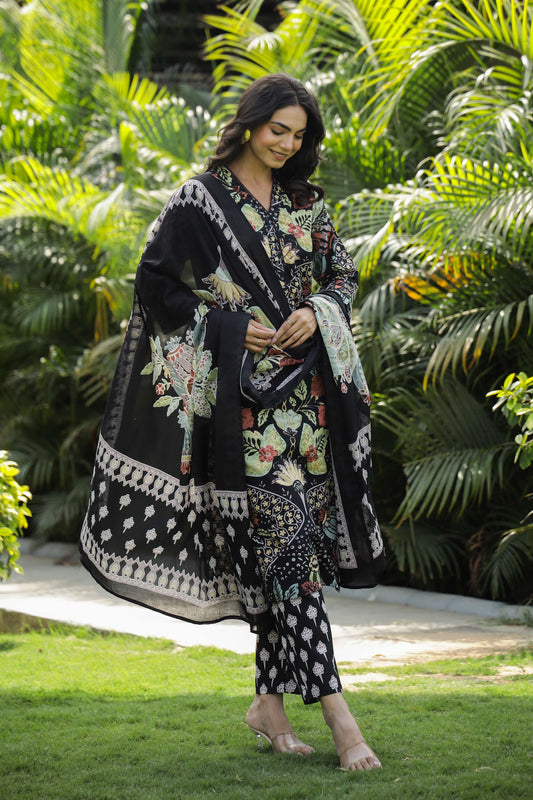 Elegant Black Floral Printed Cotton Suit Set with Dupatta