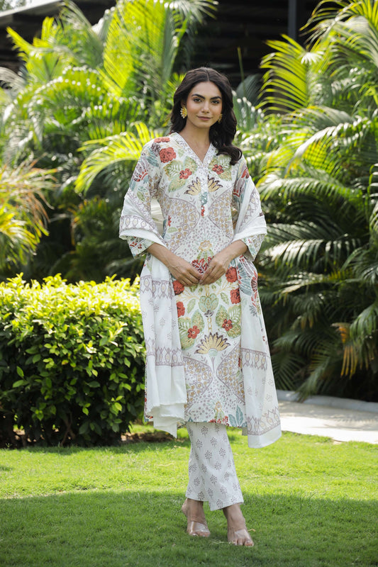 Subtle White Floral Printed Cotton Suit Set with Dupatta