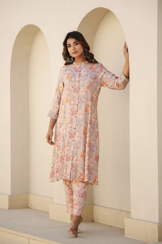 Pastel Pink Floral Printed Cotton Suit Set for Women