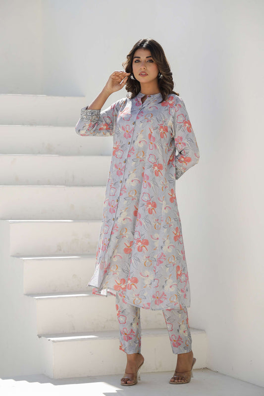Pastel Grey Floral Cotton Suit Set for Women