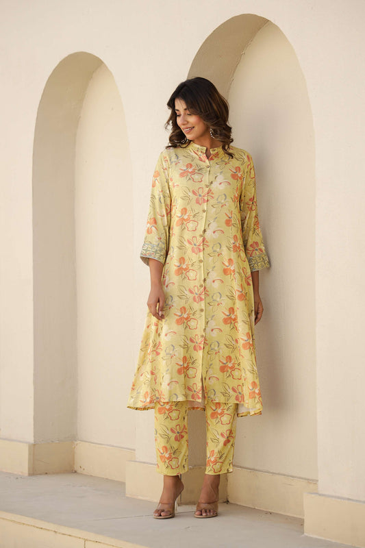 Yellow Floral Printed Cotton Suit Set for Women