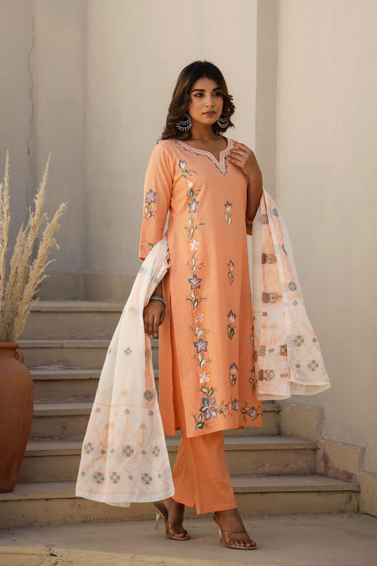 Light Orange Floral Cotton Suit Set with Embroidered Dupatta