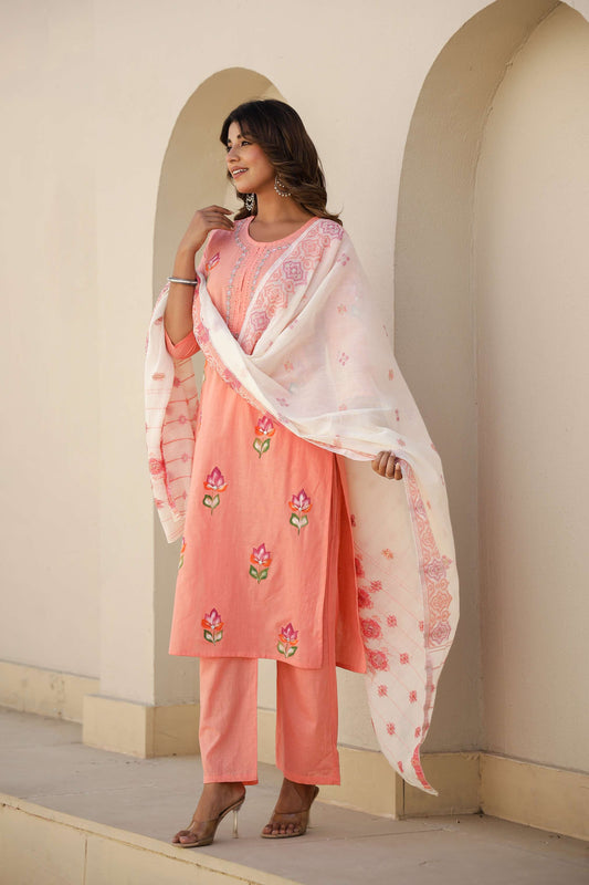 Peach Pink Floral Embroidered Cotton Suit with Printed Dupatta