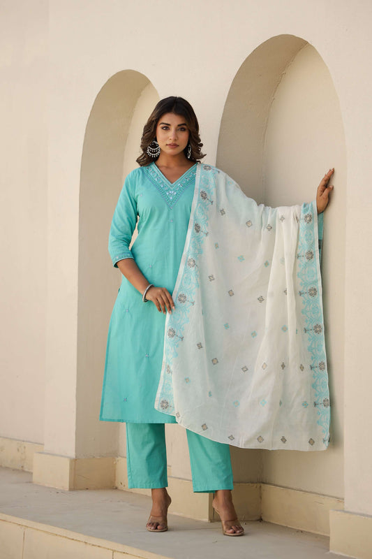 Turquoise Blue Cotton Suit Set with Embroidered Neck & Dupatta