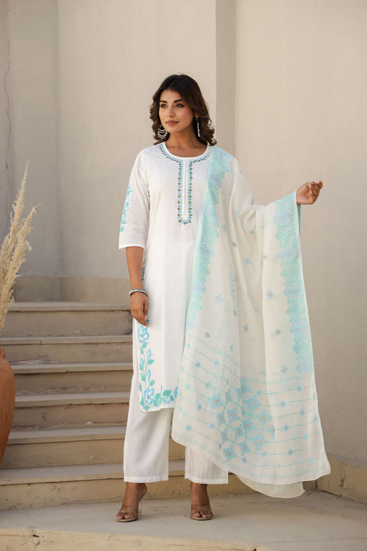 White & Aqua Embroidered Cotton Suit Set with Dupatta