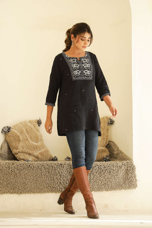 Classic Black Cotton Top with White Thread Embroidery