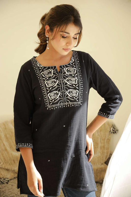 Classic Black Cotton Top with White Thread Embroidery