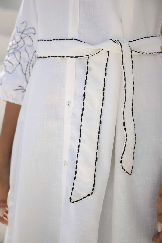 Elegant White Embroidered Cotton Midi Dress with Belt