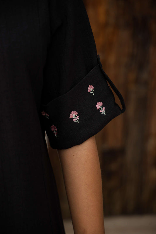 Classic Black Cotton Shirt Dress with Belt & Embroidered Sleeves