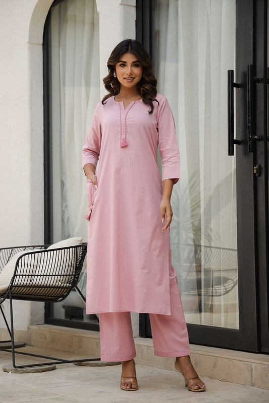 Blush Pink Cotton Kurta & Pant Co-Ord Set for Women