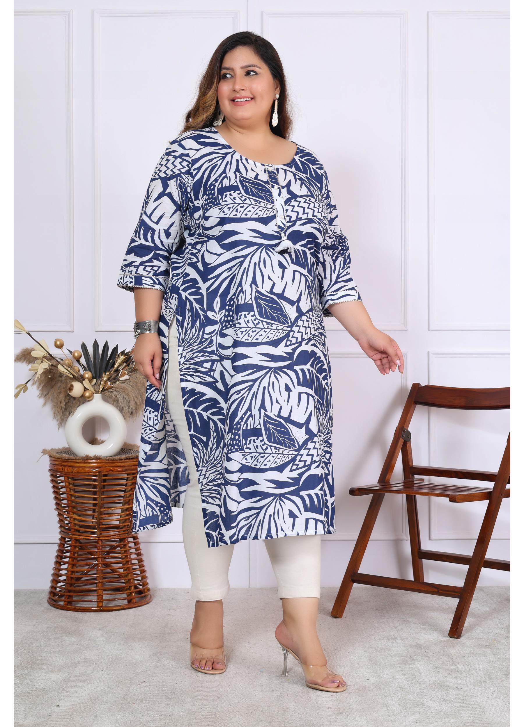 Women Printed Cotton Straight Kurta (B01-Blue)