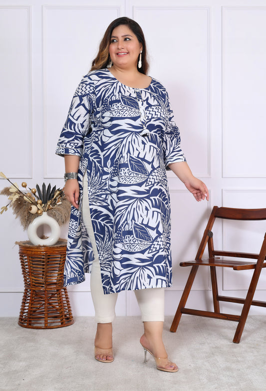 Women Printed Cotton Straight Kurta (B01-Blue)