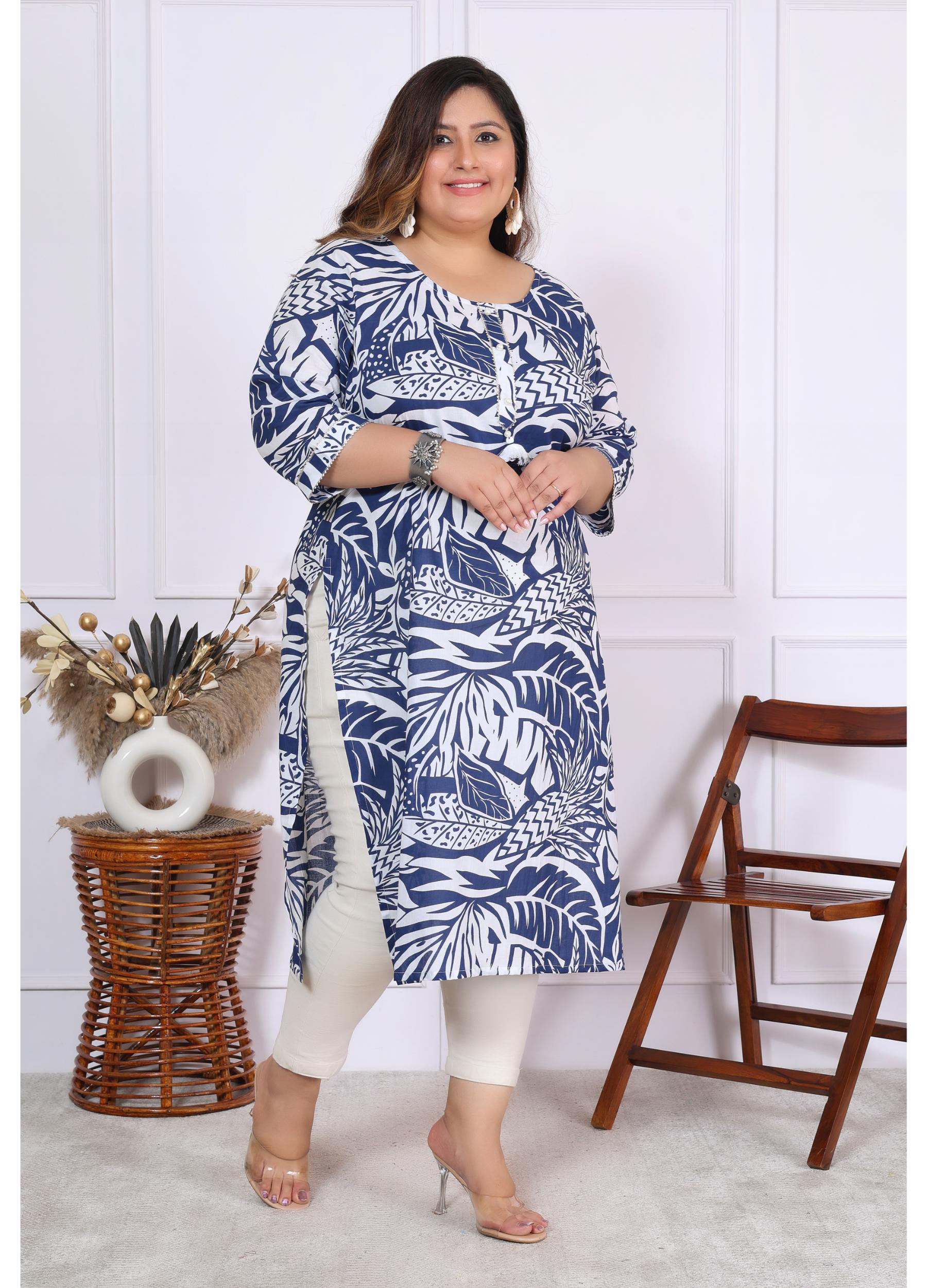 Women Printed Cotton Straight Kurta (B01-Blue)