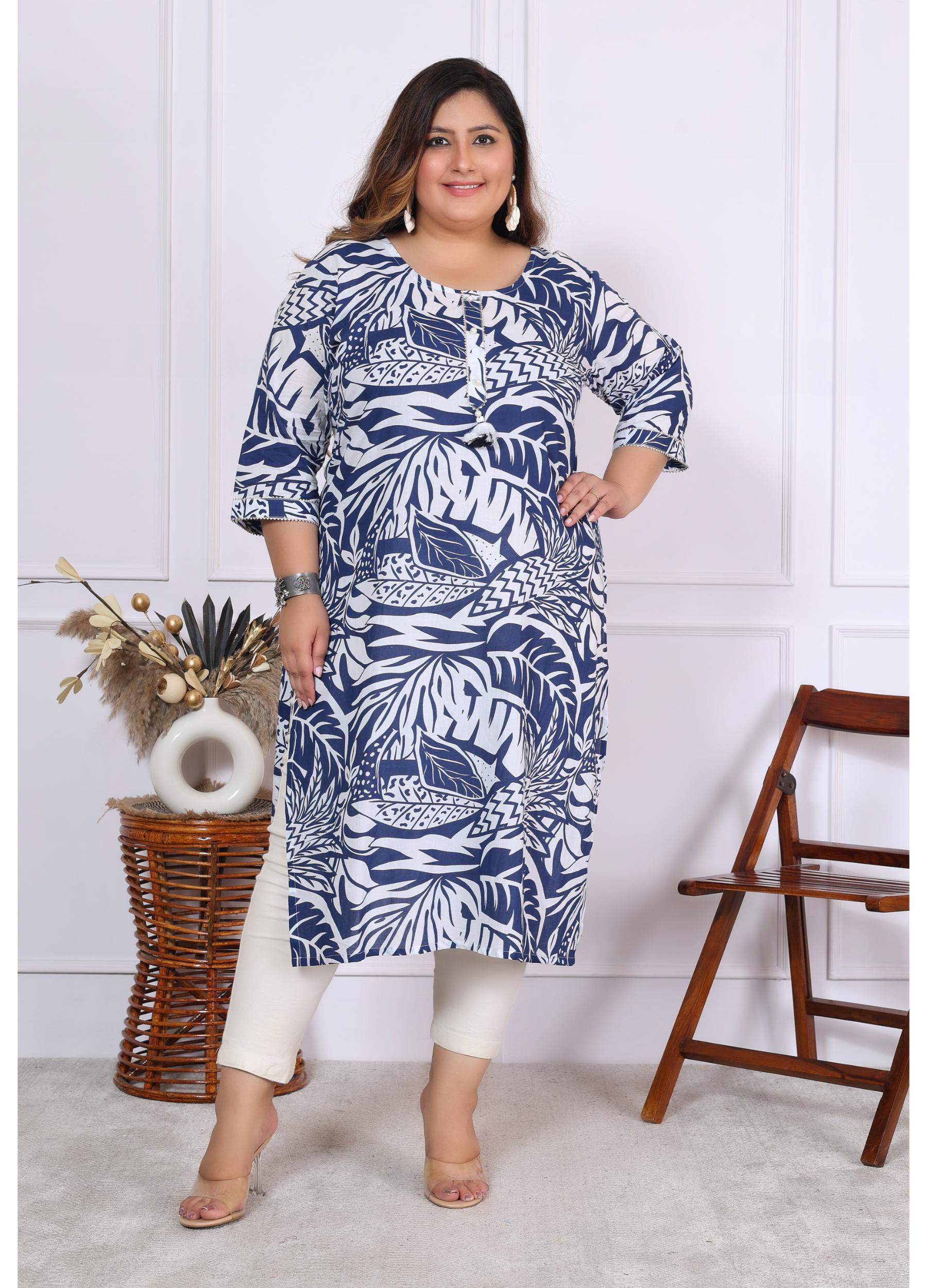 Women Printed Cotton Straight Kurta (B01-Blue)