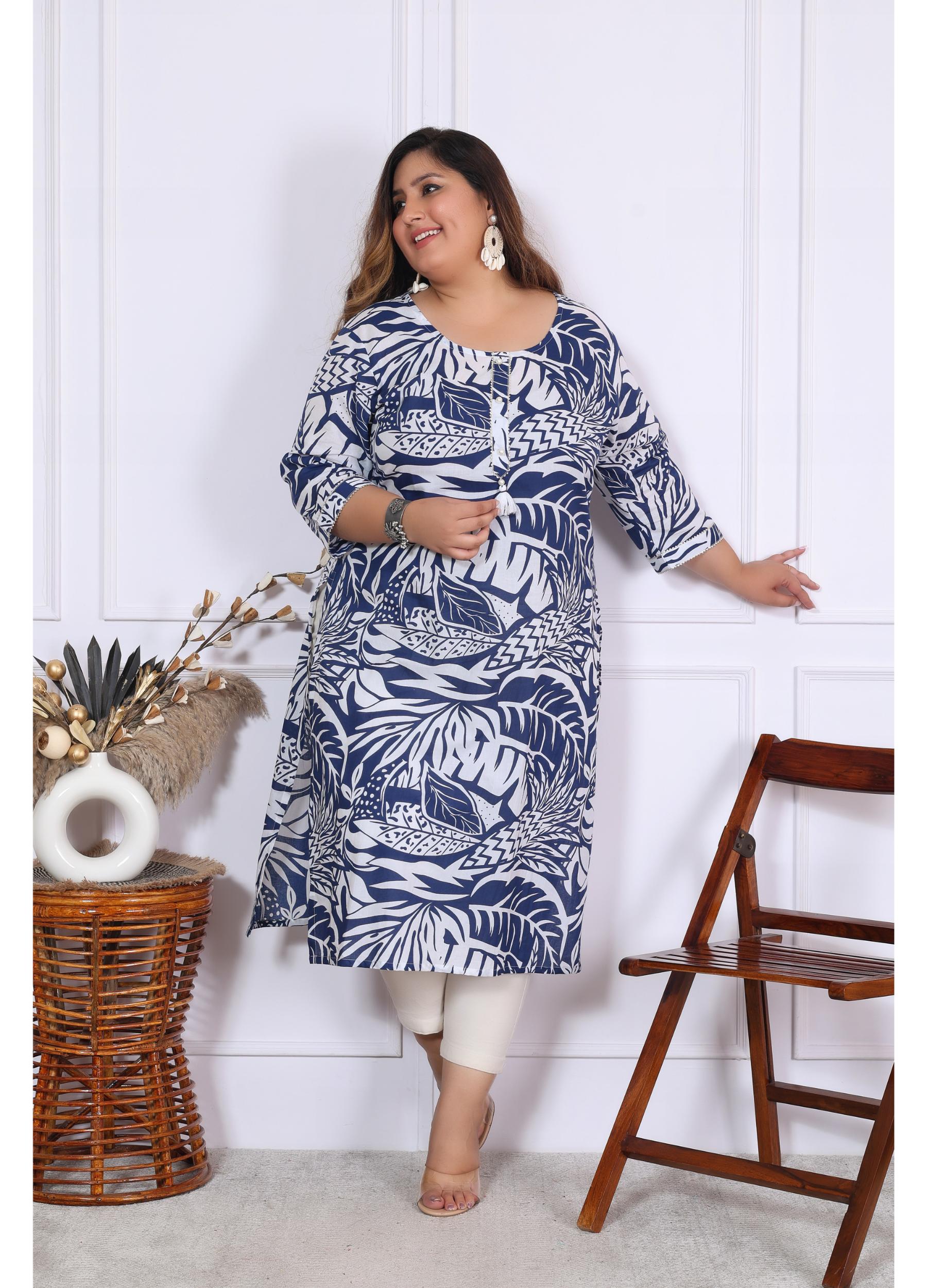 Women Printed Cotton Straight Kurta (B01-Blue)