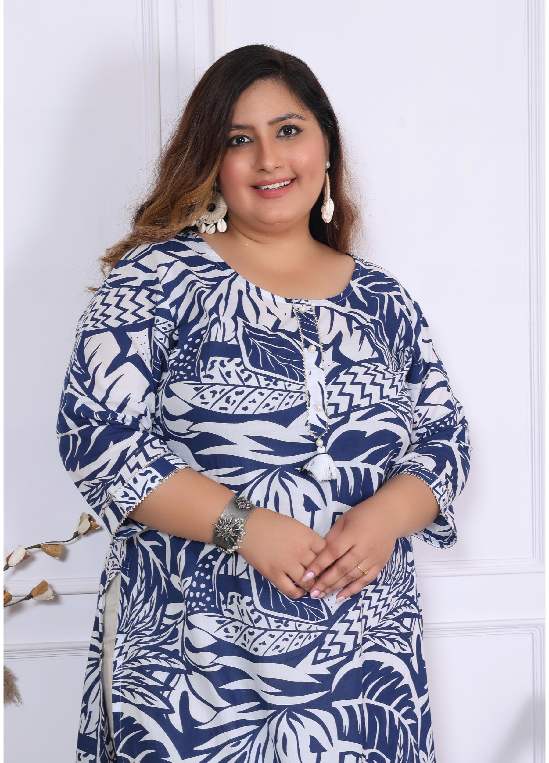 Women Printed Cotton Straight Kurta (B01-Blue)