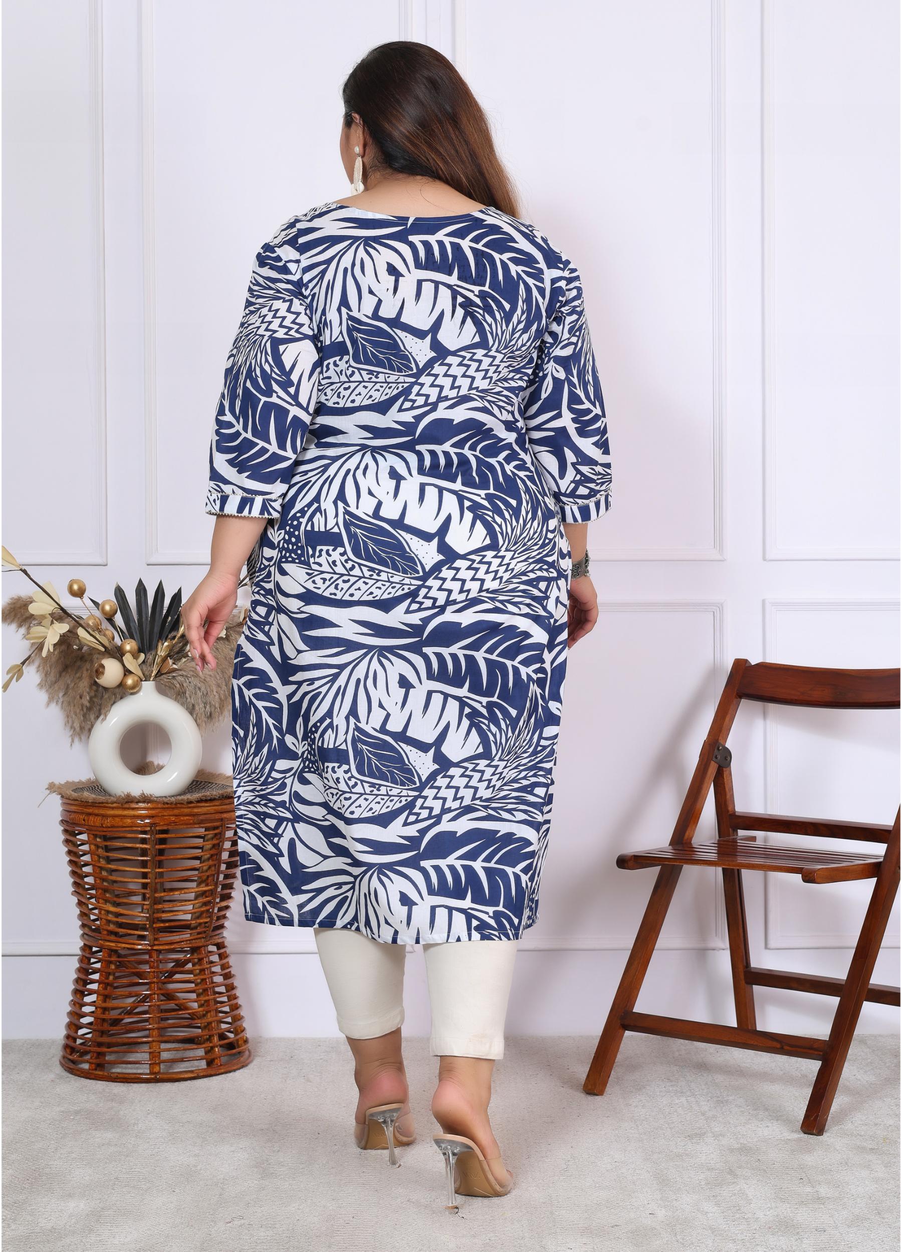 Women Printed Cotton Straight Kurta (B01-Blue)