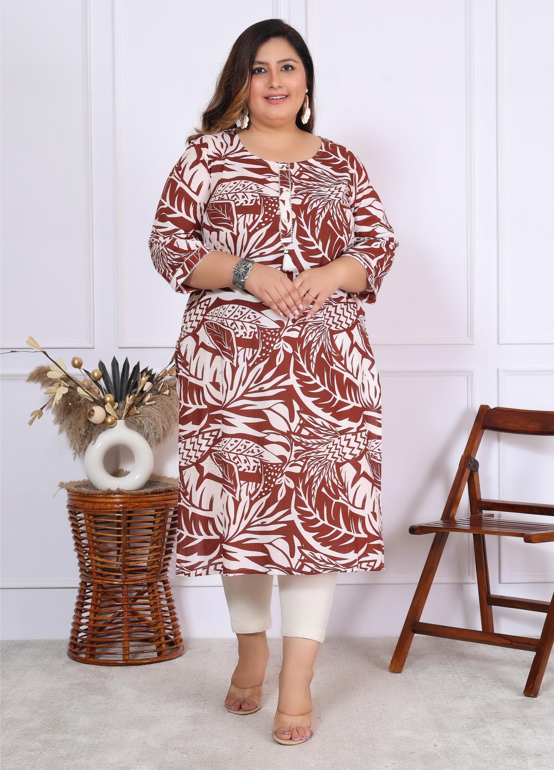 Women Printed Cotton Straight Kurta (B01-Mehroon)