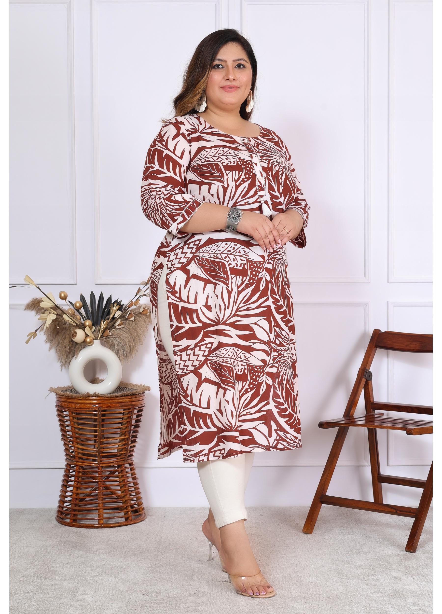 Women Printed Cotton Straight Kurta (B01-Mehroon)