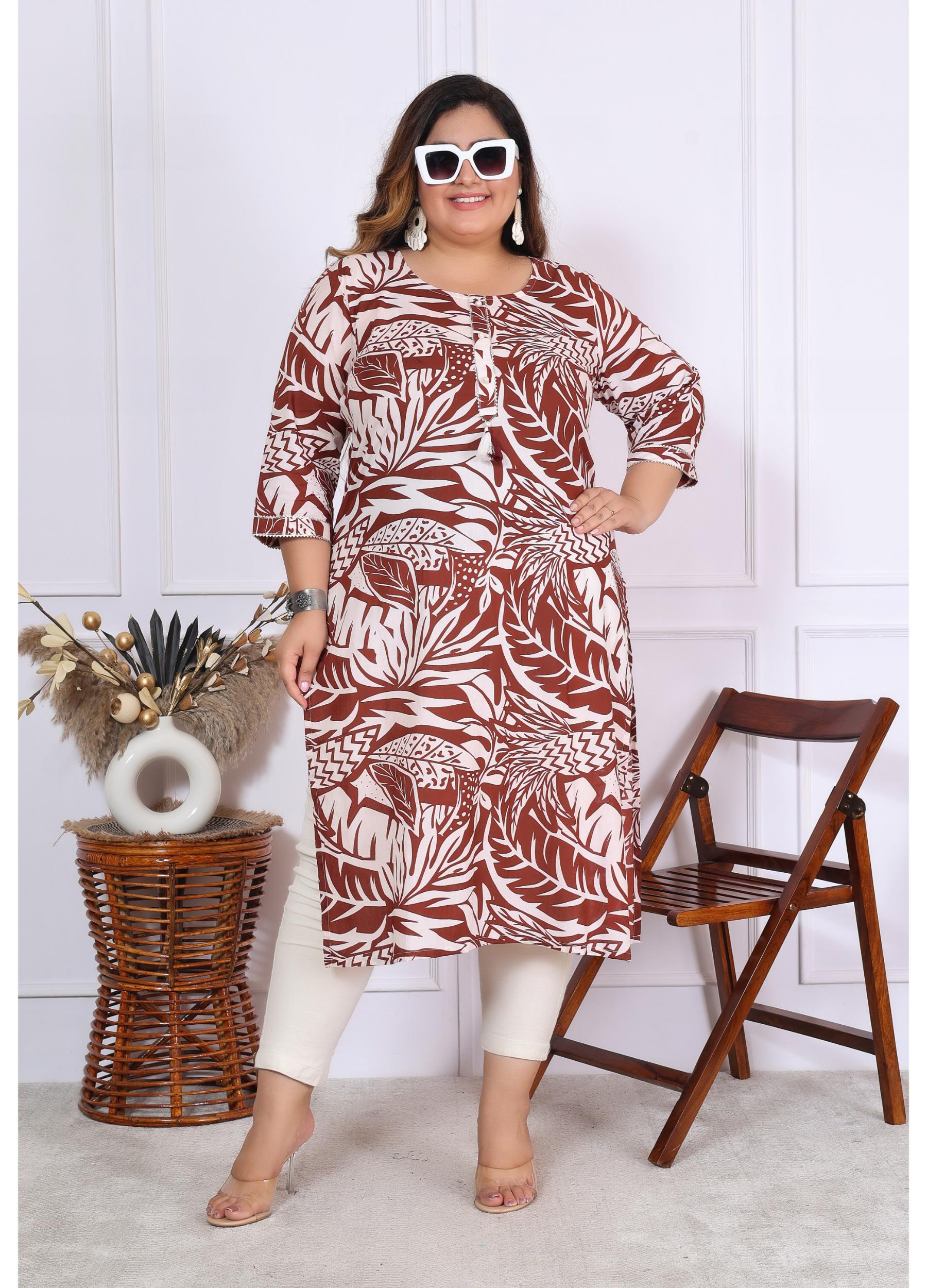 Women Printed Cotton Straight Kurta (B01-Mehroon)