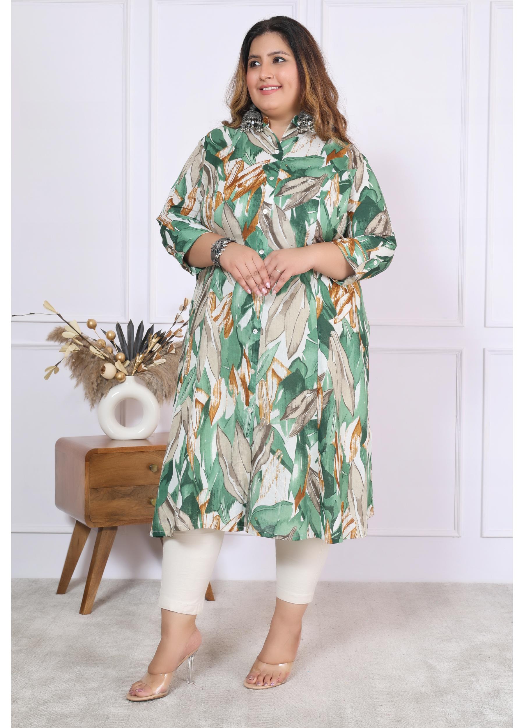 Women Printed Cotton A-line Kurta (B03-Green)