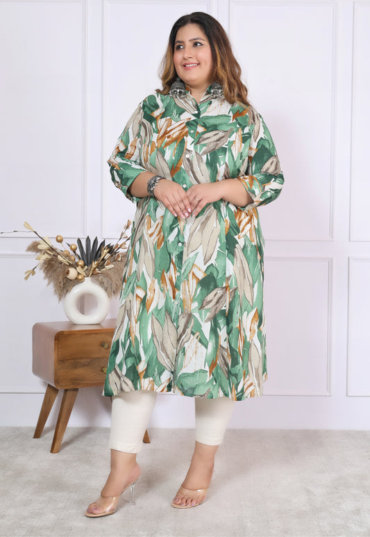 Women Printed Cotton A-line Kurta (B03-Green)