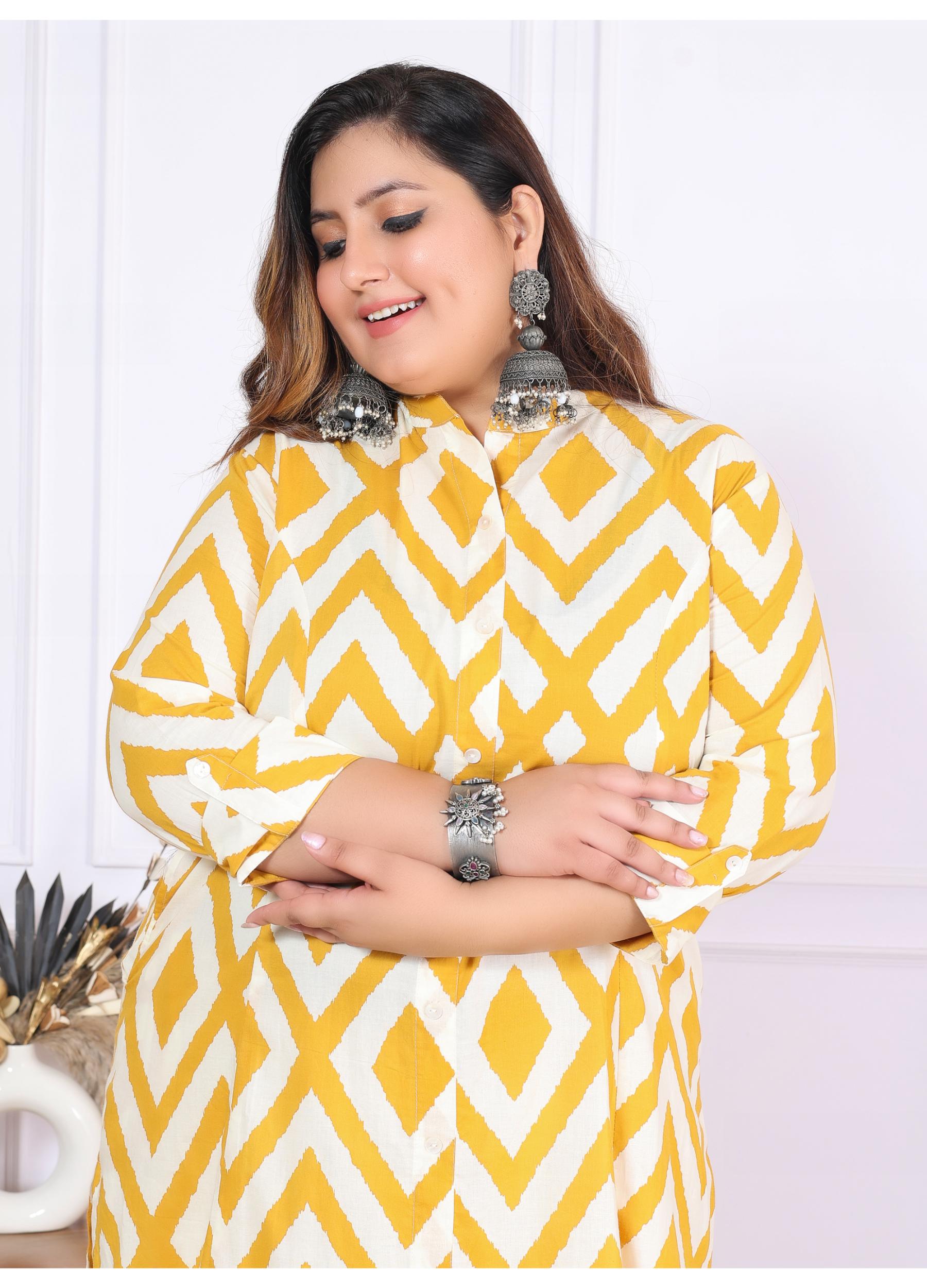 Women Printed Cotton A-line Kurta (B04-Yellow)