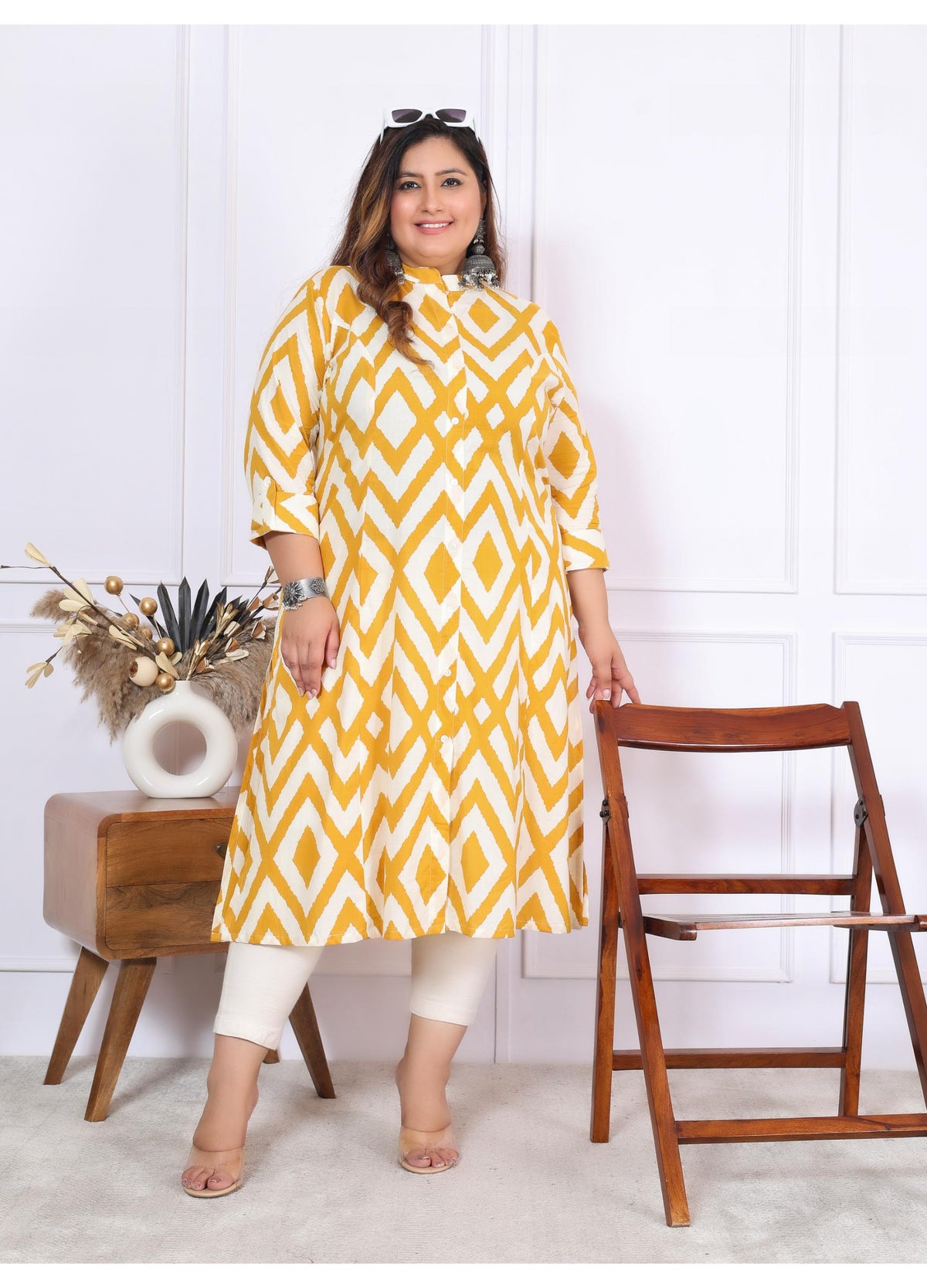 Women Printed Cotton A-line Kurta (B06-Yellow)