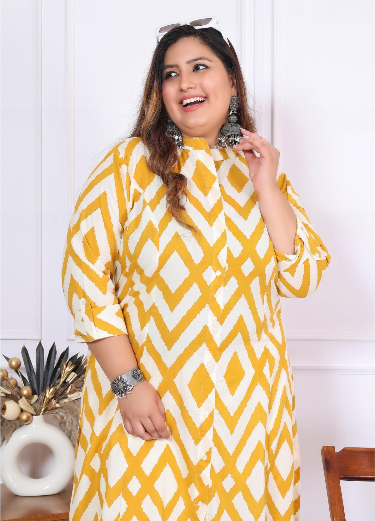 Women Printed Cotton A-line Kurta (B04-Yellow)