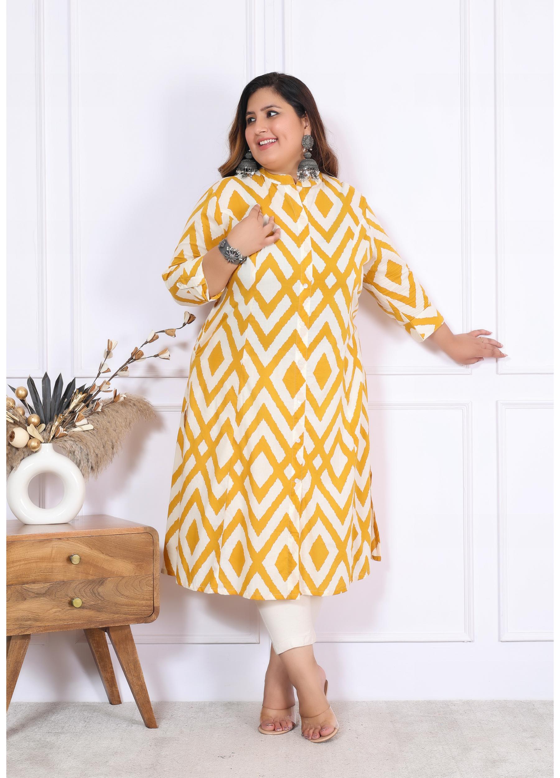 Women Printed Cotton A-line Kurta (B04-Yellow)