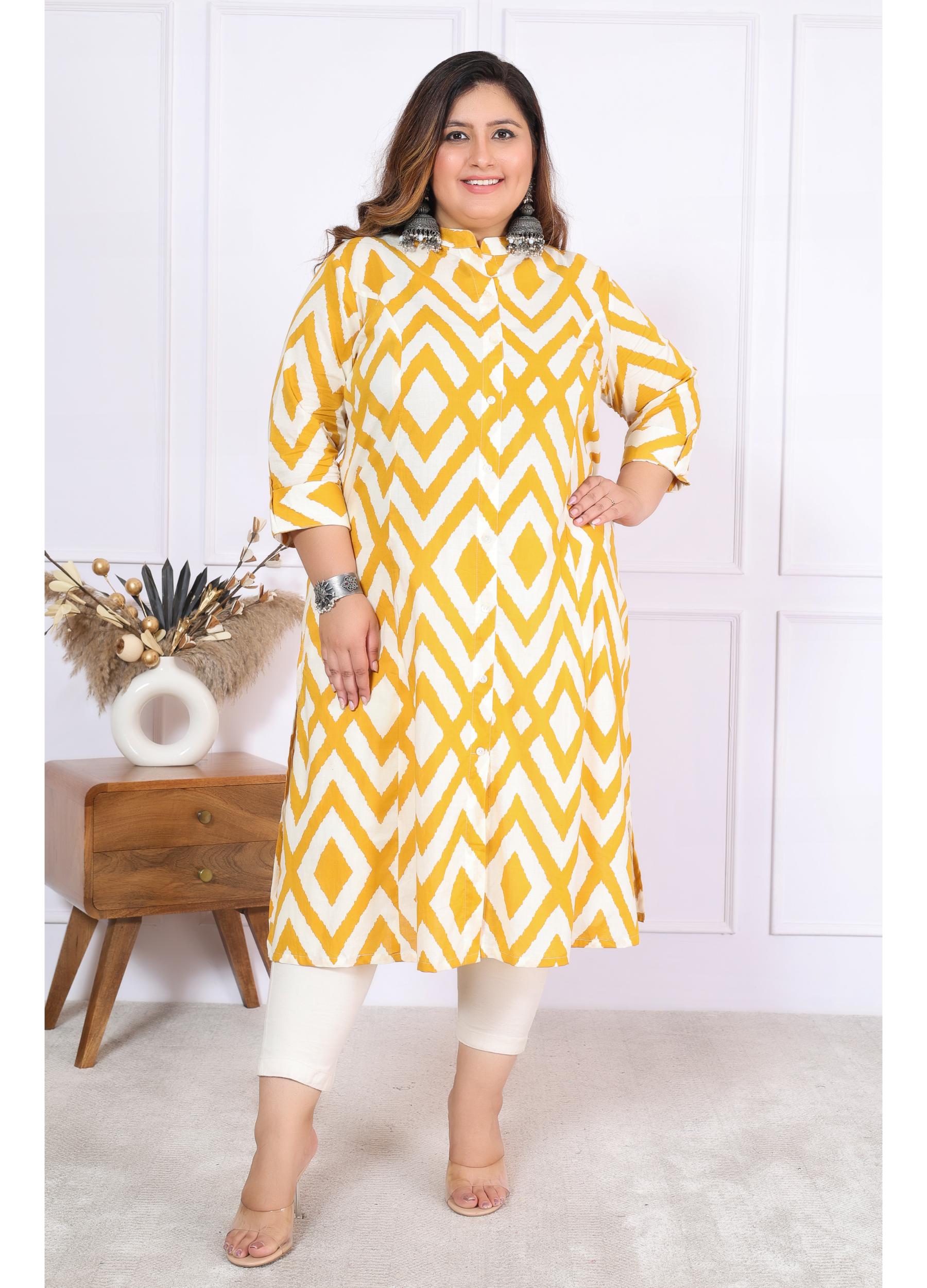 Women Printed Cotton A-line Kurta (B04-Yellow)