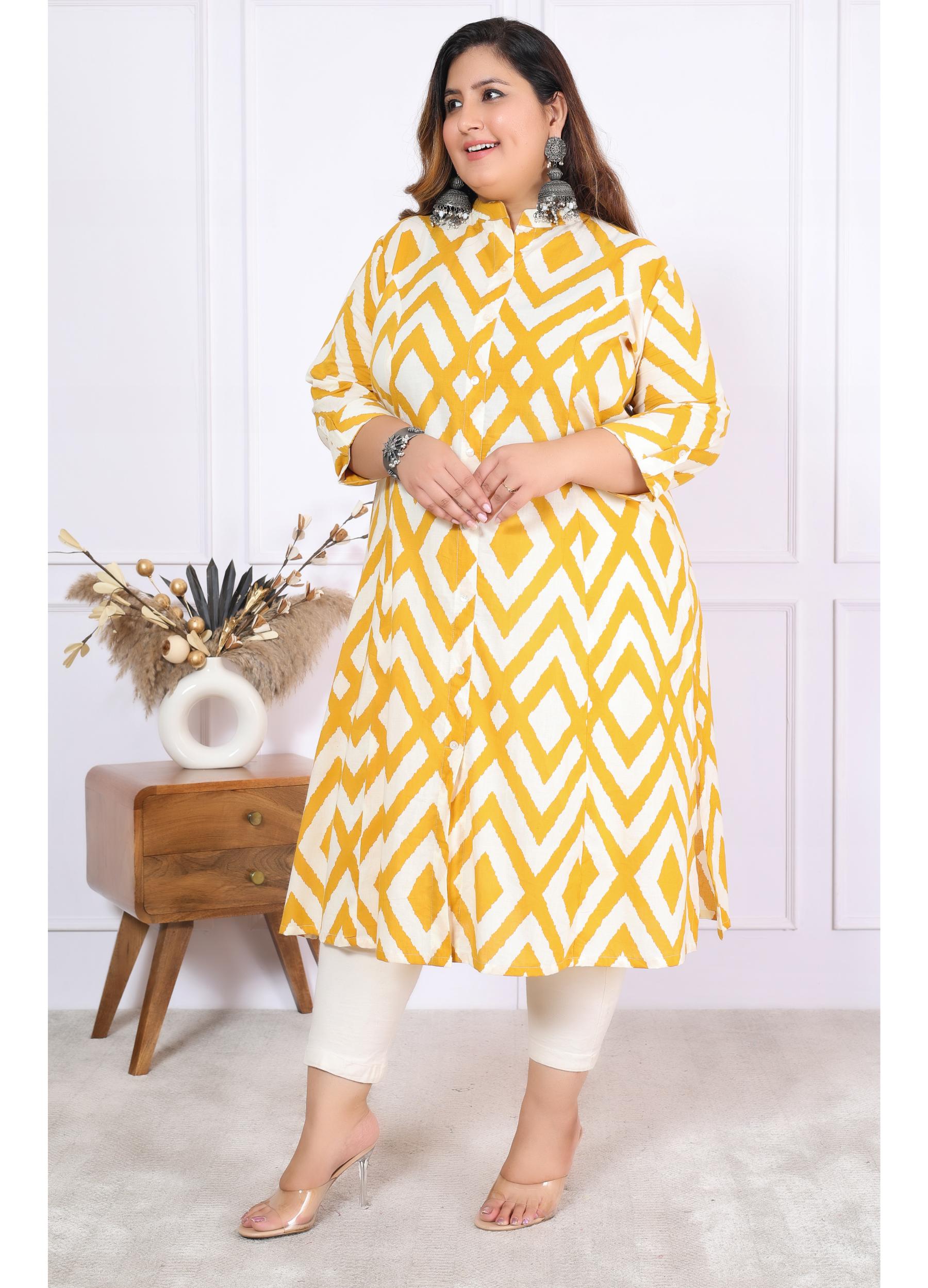 Women Printed Cotton A-line Kurta (B04-Yellow)