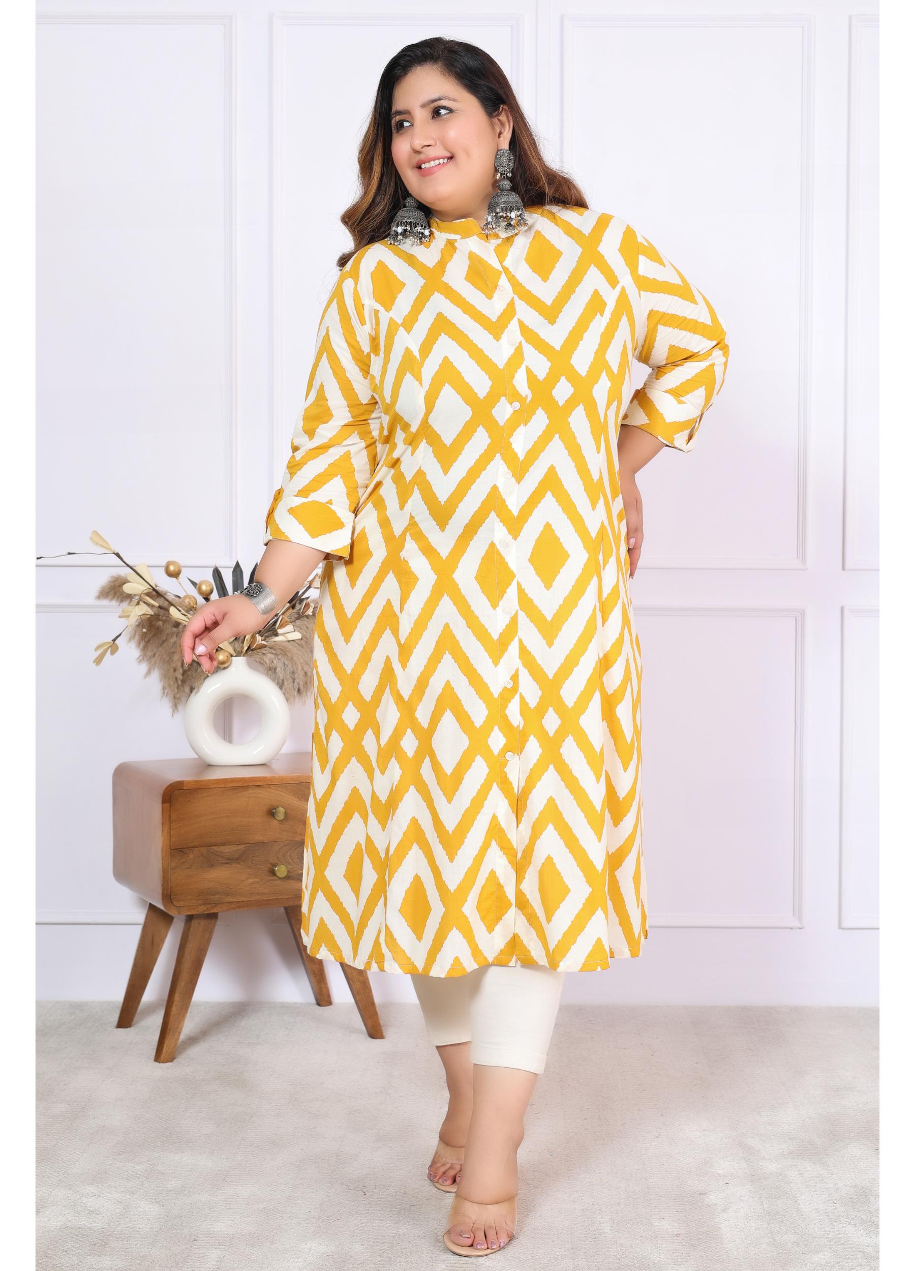 Women Printed Cotton A-line Kurta (B04-Yellow)