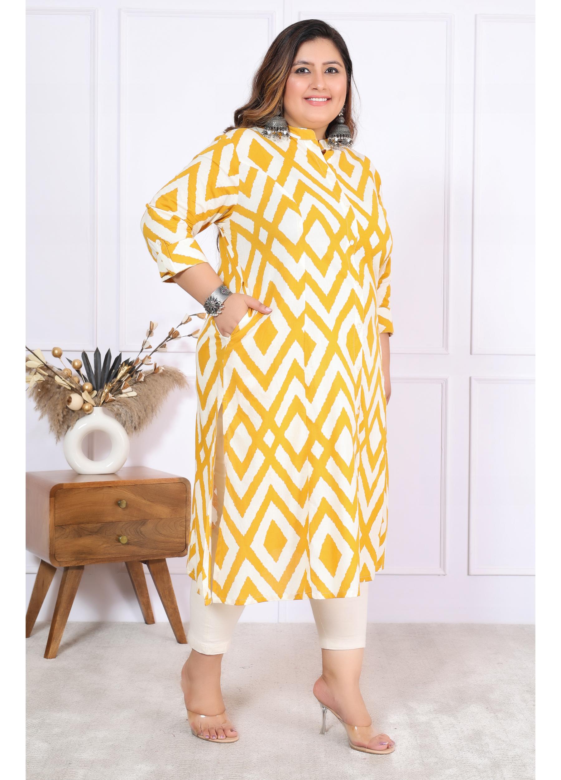 Women Printed Cotton A-line Kurta (B04-Yellow)